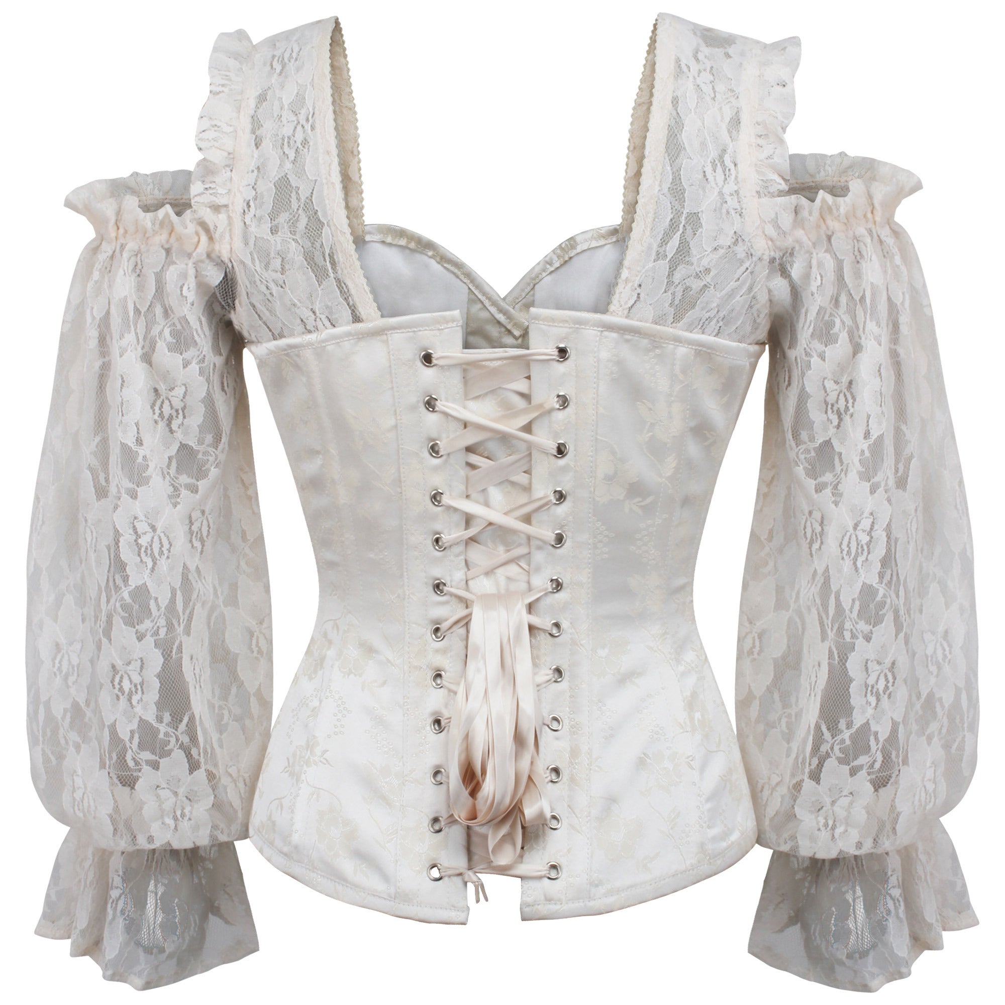 Letticia Ivory Brocade Overbust Corset with Lace Sleeves
