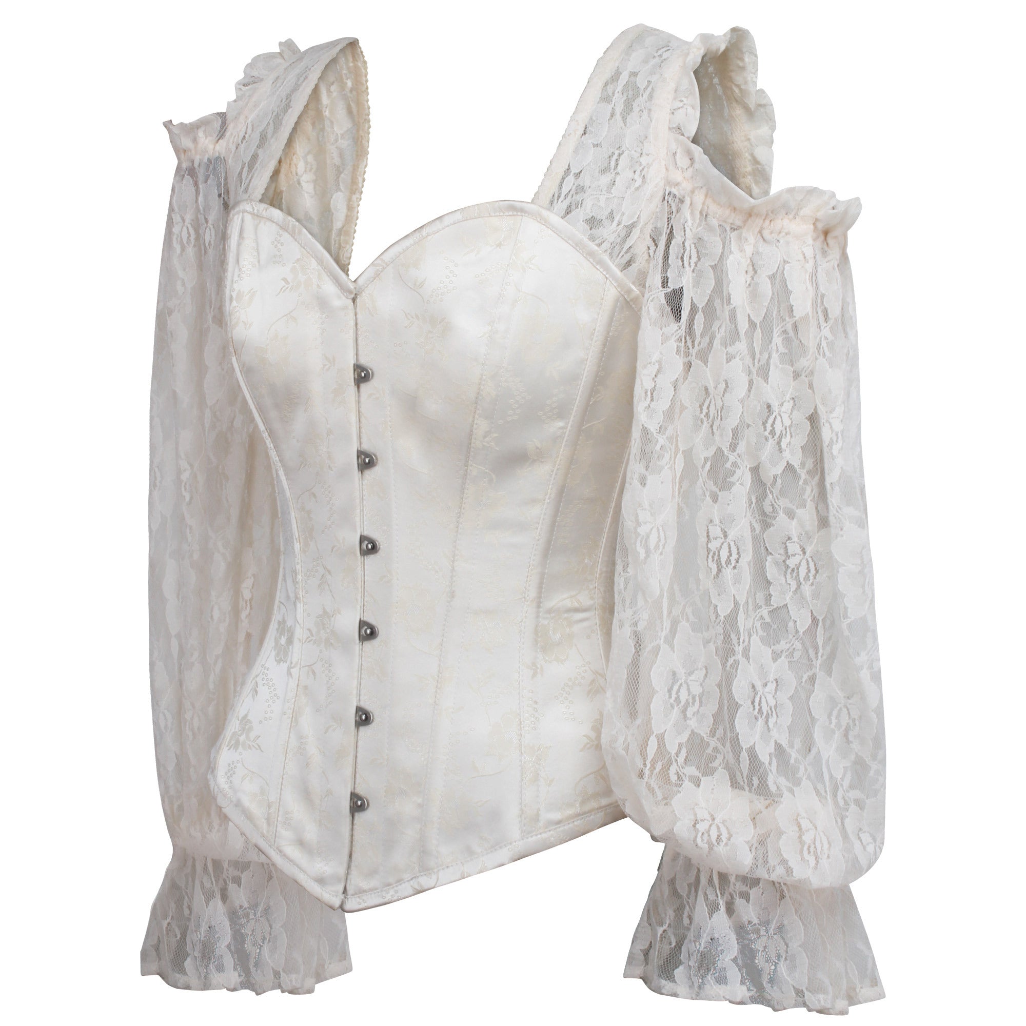 Letticia Ivory Brocade Overbust Corset with Lace Sleeves